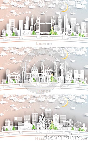 London England, Helsinki Finland and Lisbon Portugal City Skylines in Paper Cut Style with Snowflakes, Moon and Neon Garland Stock Photo