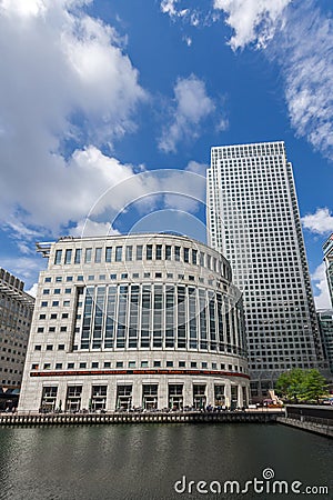 LONDON, ENGLAND - JUNE 17 2016: Business building and skyscraper in Canary Wharf, London, England Editorial Stock Photo