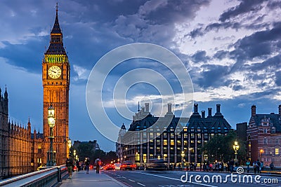 Night photo of Houses of Parliament with Big Ben from Westminster bridge, London, England, Great B Editorial Stock Photo
