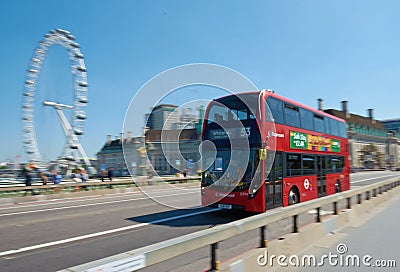 LONDON - June 26, 2018 : Red double-decker bus is driv Editorial Stock Photo