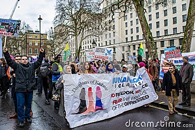 LONDON/ENGLAND â€“ MARCH 8th 2020: Daughters of Kashmir protesting on the same day as the MARCH 4 WOMEN protest in central London Editorial Stock Photo