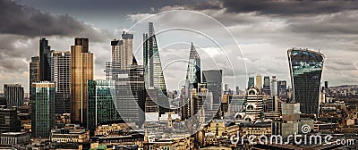 London, England - Panoramic skyline view of Bank and Canary Wharf, central London`s leading financial districts Stock Photo