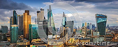 London, England - Panoramic skyline view of Bank and Canary Wharf, central London`s leading financial districts Stock Photo