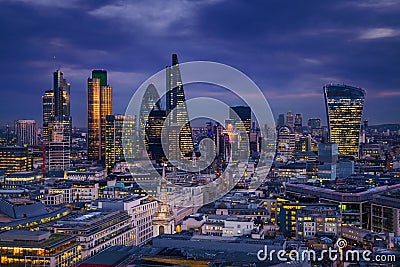 London, England - Panoramic skyline view of Bank district of London with the skyscrapers of Canary Wharf Stock Photo