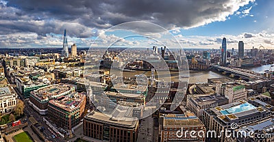 London, England - Panoramic skyline view of London with Millennium Bridge, famous skyscrapers and other landmarks Stock Photo