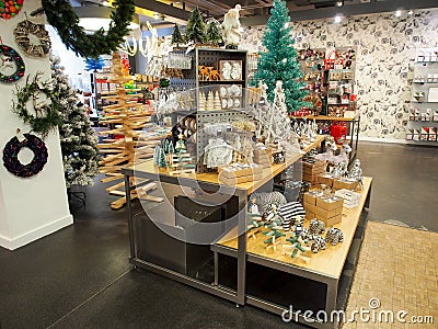 Interior of the British Paperchase stationery supplies, cards, gifts & art material shop at Tottenham. Christmas tree decoration Editorial Stock Photo