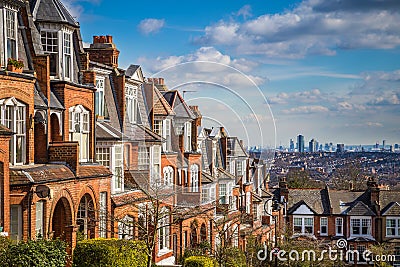 London, England - Typical brick houses and flats and panoramic view of london on a nice summer morning Stock Photo