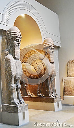 London / England UK - August 22, 2008: Ancient Assyrian statues. Part of the gates of the city of Babylon. Gates of lions. British Editorial Stock Photo