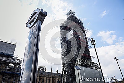 LONDON, ENGLAND, UK. 13TH APRIL, 2019 Scaffolding around Big Ben during restoration of the Houses of Parliament. Editorial Stock Photo