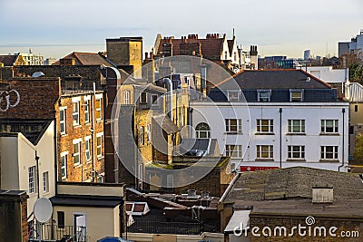 London, United Kingdom - Panoramic view of the Whitechapel district of East London with fusion of traditional and modernistic Editorial Stock Photo