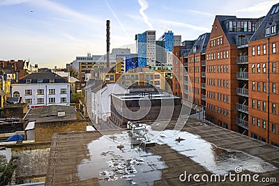 London, United Kingdom - Panoramic view of the Whitechapel district of East London with fusion of traditional and modernistic Editorial Stock Photo