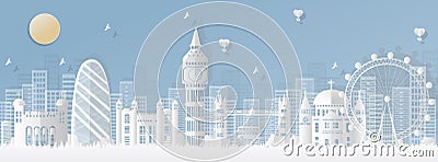 London, England With views of famous landmarks and world-class cities, tourism poster illustrations Paper cutting,Panorama of top Cartoon Illustration