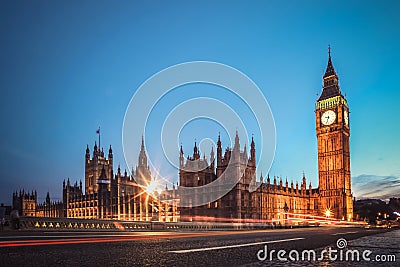 London famous view. Long exposure shot of Big Ben, Westminster bridge and House of parliament. Evening scene. Stock Photo