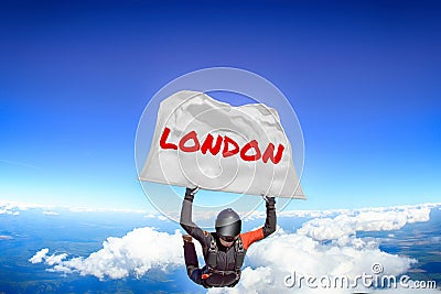 London. Flag in skydiving. People in free fall.Teampleat skydiver. Extreme sport. Stock Photo