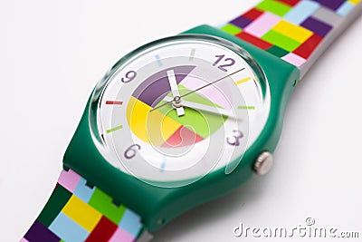 London, GB 07.10.2020 - Swatch quartz watch suprematism styled geometric design Editorial Stock Photo