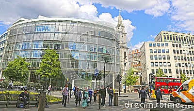 London, Great Britain -May 23, 2016: commercial building and the church Saint Vedast-alias-Foster Editorial Stock Photo