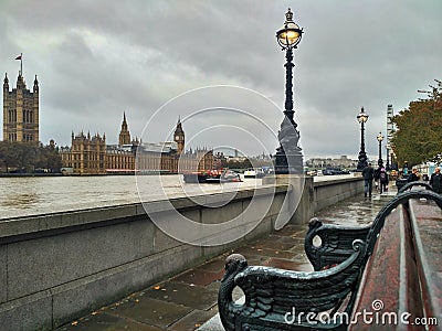 London / Great Britain - November 01 2016: Riverside. Panoramic view on the River Thames, London Eye, Palace of Westminster Editorial Stock Photo