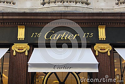 London, Greater London, United Kingdom, 7th February 2018, A sign and logo for Bond street Cartier store Editorial Stock Photo