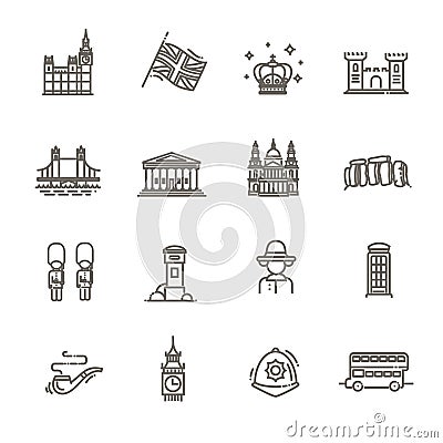 Themed icons of London, linear symbols collection. England showplace, isolated vector illustration Vector Illustration