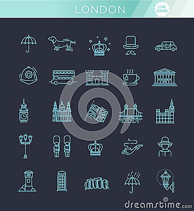 London icons set. England, thin line design Vector Illustration