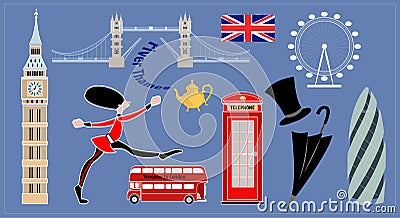 London landmarks. Collection of images - traditional symbols of England. Vector Illustration