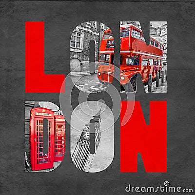 London letters with images on textured black background Stock Photo