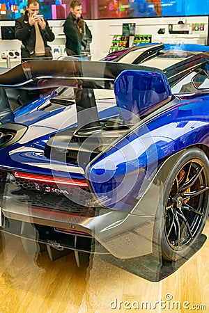 LONDON - MARCH 7, 2020: racing car in a shop window, blue, fragment Editorial Stock Photo