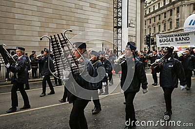 The Lord Mayor show in London 2019 with The London Massed Bugle Band Editorial Stock Photo