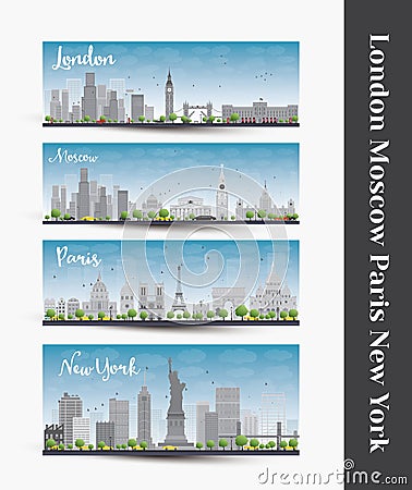 London, Moscow, Paris, New York. Set of four city skyline banner Stock Photo