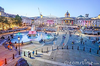 London - October 4, 2019: The National Gallery and fountain on Trafalgar Square in the evening, from above Editorial Stock Photo