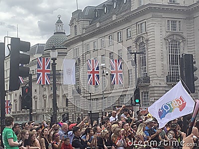 Thousands of gay activists with LGBT flags at the Pride parade in London , England 2023 Editorial Stock Photo