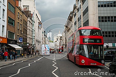 London - 2019: Red Bus on Whitefriars Street Editorial Stock Photo