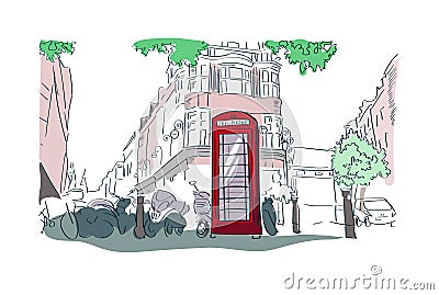 London red phone booth vector watercolor illustration street view Cartoon Illustration
