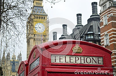 London Red telephone box with Big Ben in background Stock Photo