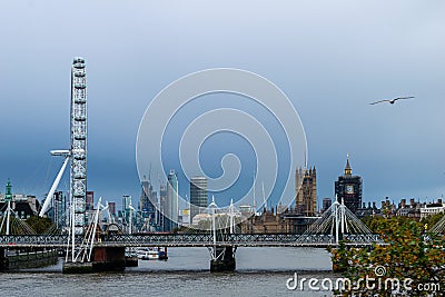 London river Thames view of London eye big Ben and houses of parliament and the city of London October 2020 Editorial Stock Photo
