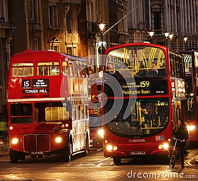 London Routemaster Bus at night Editorial Stock Photo