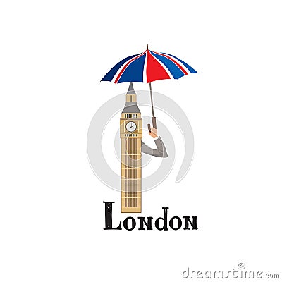 London sign hand lettering. British jack flag colored umbrella and Big Ben tower Stock Photo