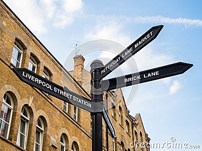 London sign post pole, directions to famous landmarks. Editorial Stock Photo