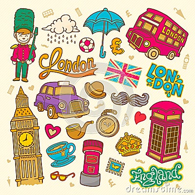 London sketch illustration, set of hand drawn Vector doodle England elements, London symbols collection Vector Illustration