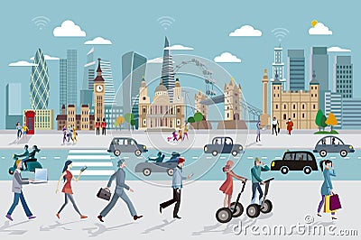 London Skyline and Business People Walking Stock Photo