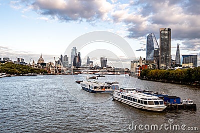 London Skyline Looking East Down River Thames With Pleasure Party Boats Moored Editorial Stock Photo