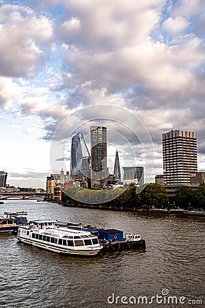 London Skyline Looking East Down River Thames With Pleasure Party Boats Moored Editorial Stock Photo