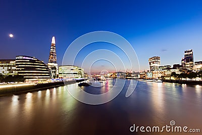 London skyline panorama at night, England the UK. River Thames, the Shard, City Hall. Stock Photo