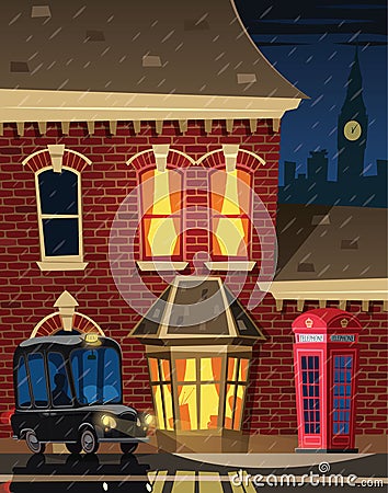 London Street at night Cartoon Illustration