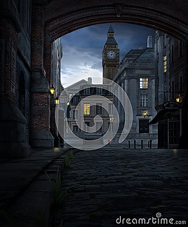 London Street at Night with 19th Century City Buildings Stock Photo