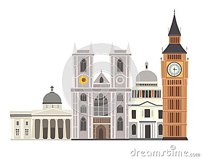 London street skyline vector Illustration. Westminster Abbey, Big Ben Clock-tower and St. Paul`s Cathedral buildings icon Vector Illustration