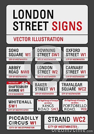 London streets signs Cartoon Illustration