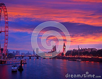 London sunset skyline Bigben and Thames Editorial Stock Photo