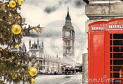 London symbols, BIG BEN with Christmas tree and red Phone Booths in England, UK Stock Photo