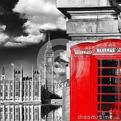 London symbols with BIG BEN and red PHONE BOOTHS in England Stock Photo